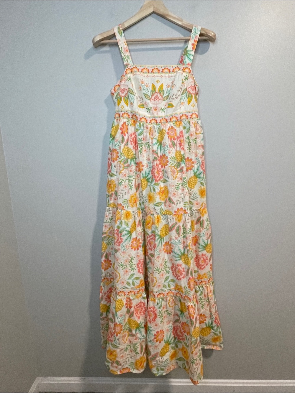 Rachel Zoe White Floral Embroidered Maxi Dress with Pink & Yellow Blooms